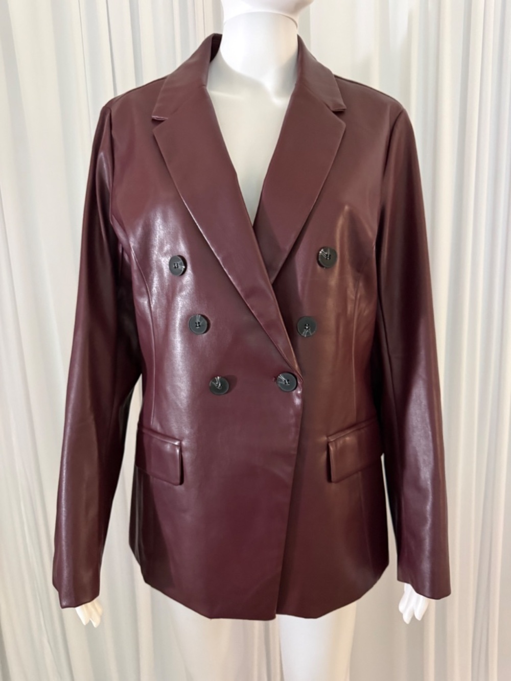 Marla Wynne Faux Leather Double Breasted Blazer Jacket Burgundy Size L NWOT - Picture 2 of 16